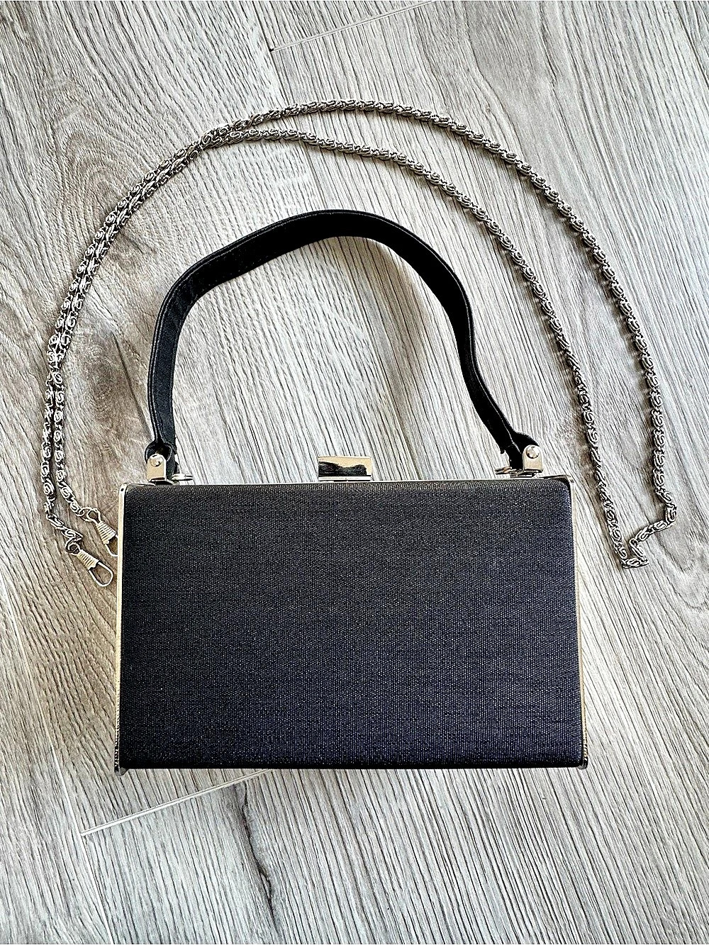 Rachel Black Satin Box Clutch Bag 6x4 Silver Frame Evening Crossbody Chain Purse